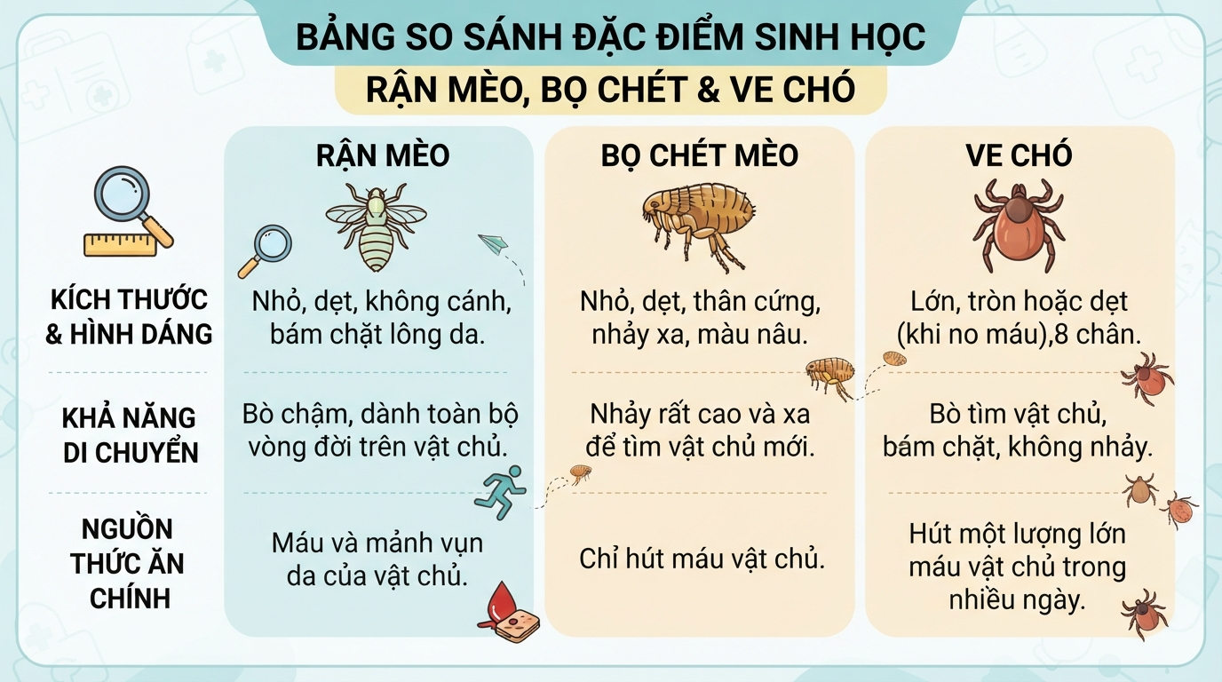 Bảng so sánh đặc điểm sinh học giữa rận mèo, bọ chét và ve chó.