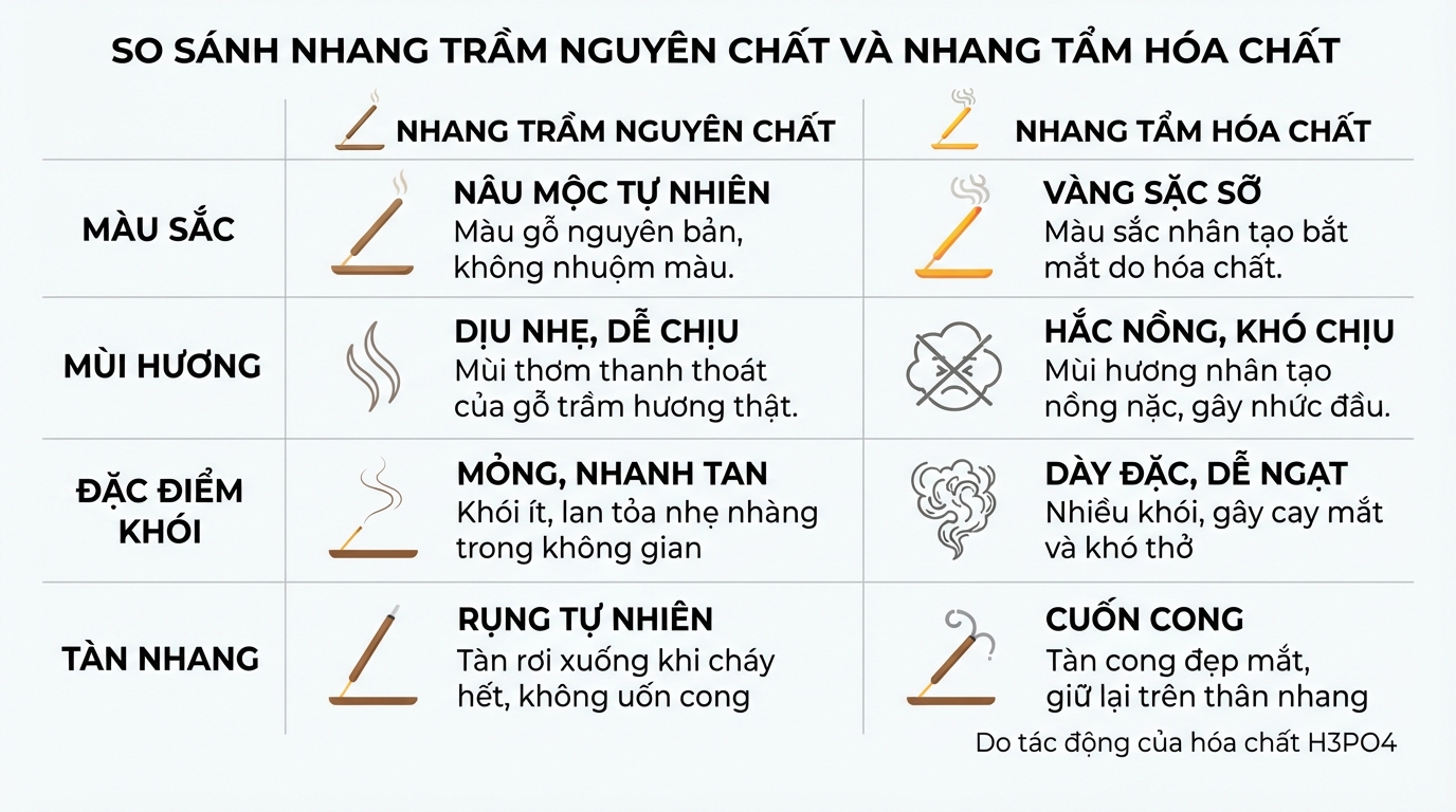 Bảng so sánh đặc điểm trực quan giữa nhang trầm nguyên chất và các loại nhang tẩm hóa chất.