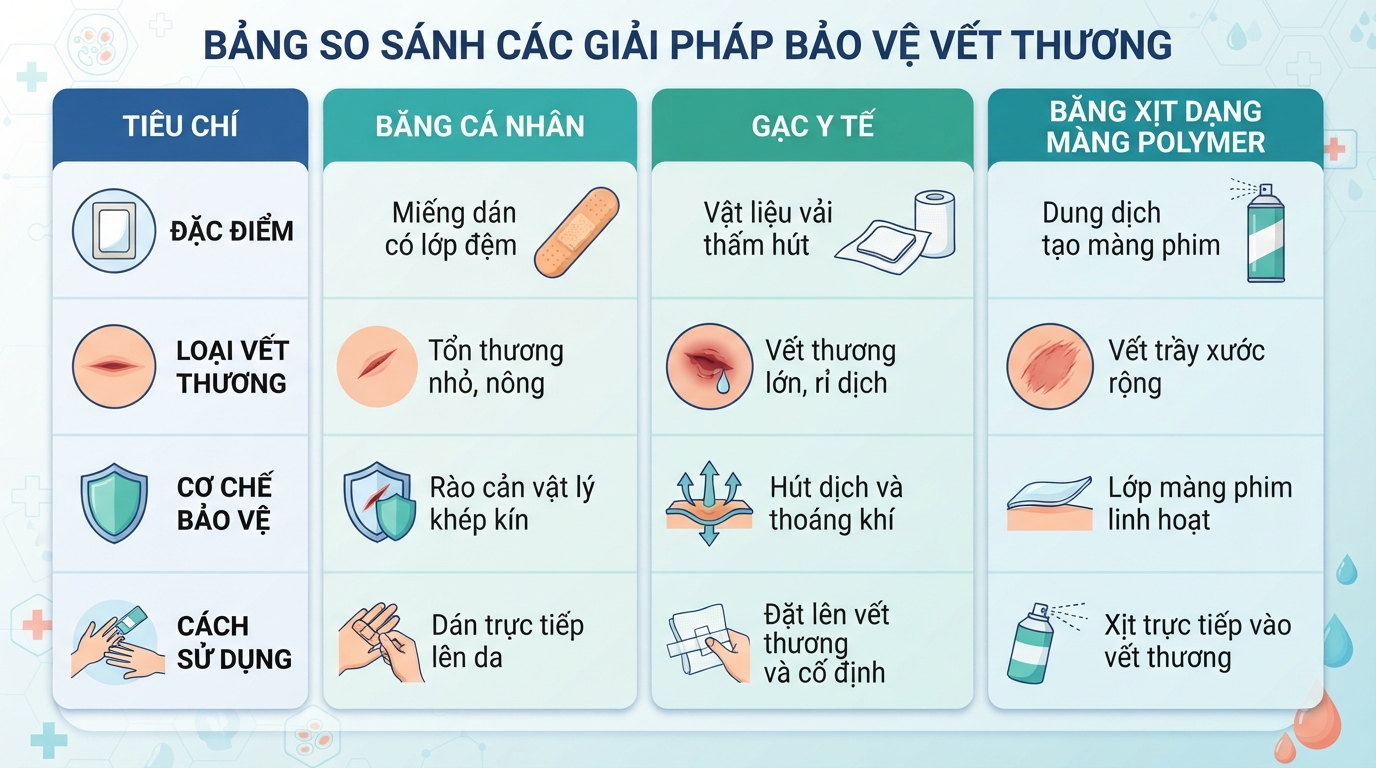 Bảng so sánh đặc tính bảo vệ giữa băng dán, gạc y tế và sản phẩm xịt.