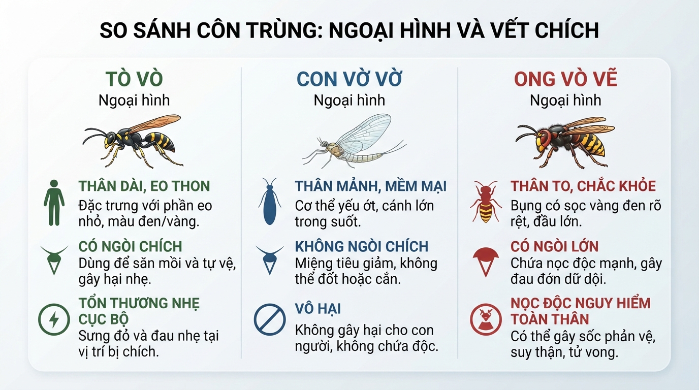 Bảng so sánh ngoại hình và mức độ nguy hại vết chích giữa ba loài côn trùng.