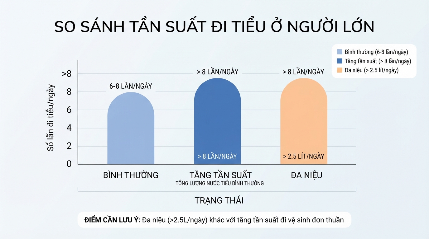 Bảng so sánh tần suất đi tiểu nhiều lần và trạng thái bình thường ở người lớn.