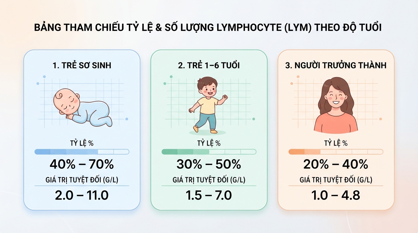 Bảng tham chiếu tỷ lệ phần trăm tế bào lympho theo từng độ tuổi.