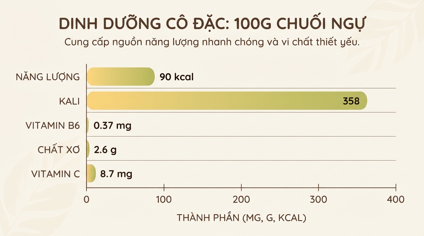 Bảng thành phần dinh dưỡng cô đặc trong 100g chuối ngự giúp bổ sung năng lượng.