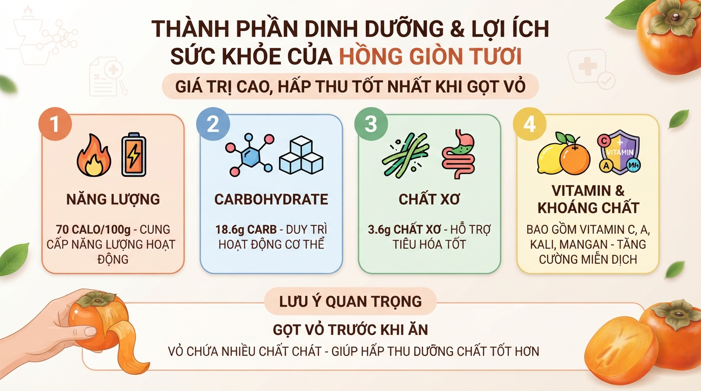 Bảng thành phần dinh dưỡng giúp giải đáp thắc mắc hồng giòn có tác dụng gì cho sức khỏe.