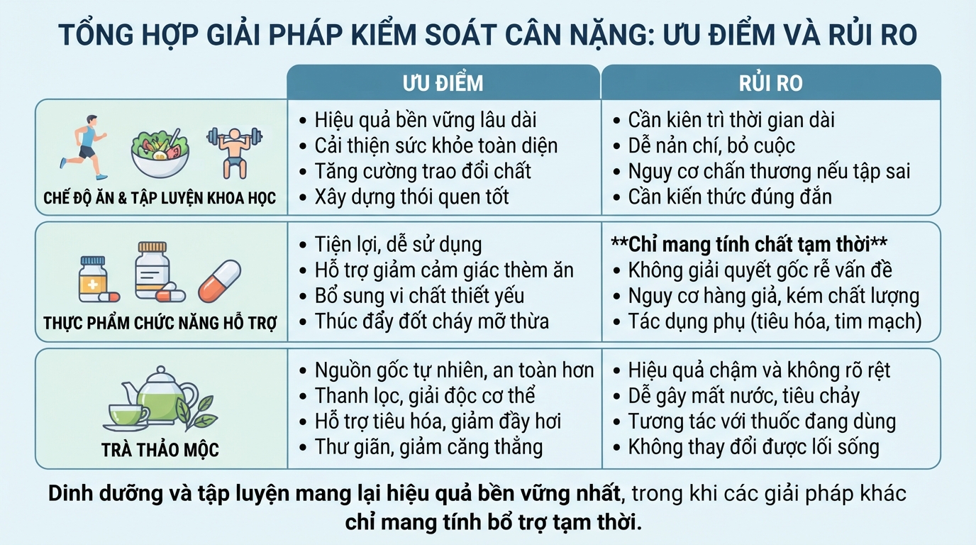 Bảng tổng hợp ưu điểm và rủi ro giữa các giải pháp giảm cân hiện nay.