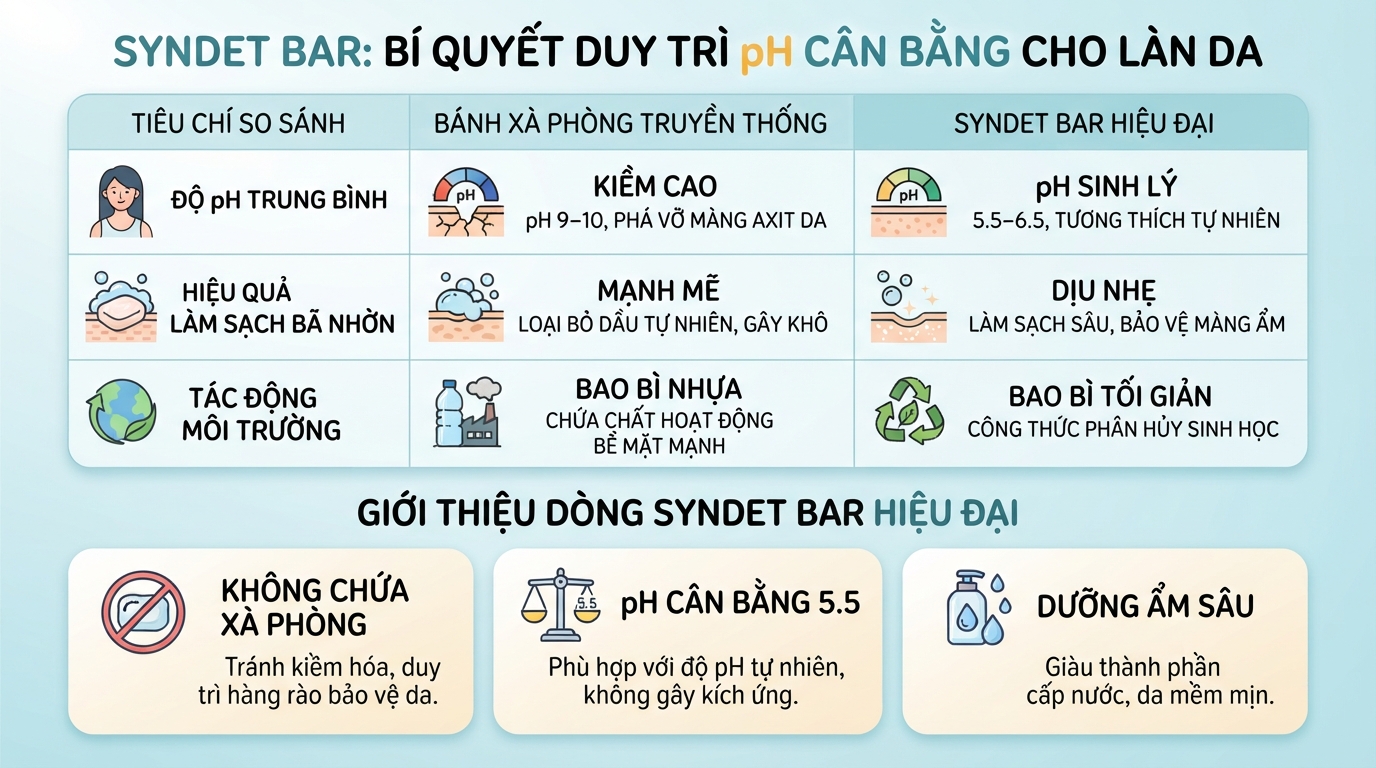 Bánh xà phòng Syndet giúp duy trì độ pH cân bằng tự nhiên cho làn da.