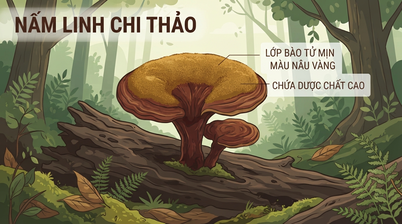 Bào tử màu nâu vàng trên tai nấm linh chi thảo chứa lượng dược chất lớn.