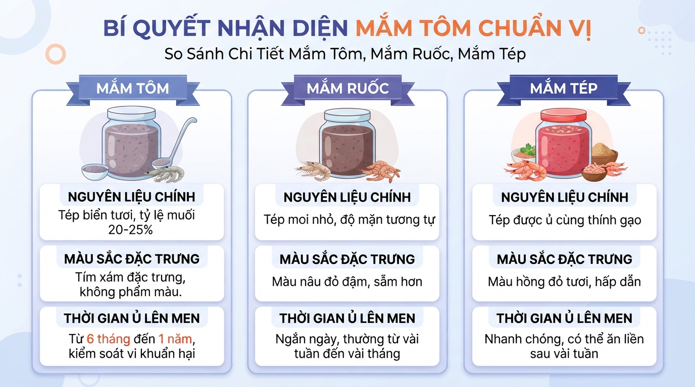 Bí quyết nhận diện mắm tôm chuẩn vị qua màu sắc tím xám và thời gian ủ lên men tự nhiên.