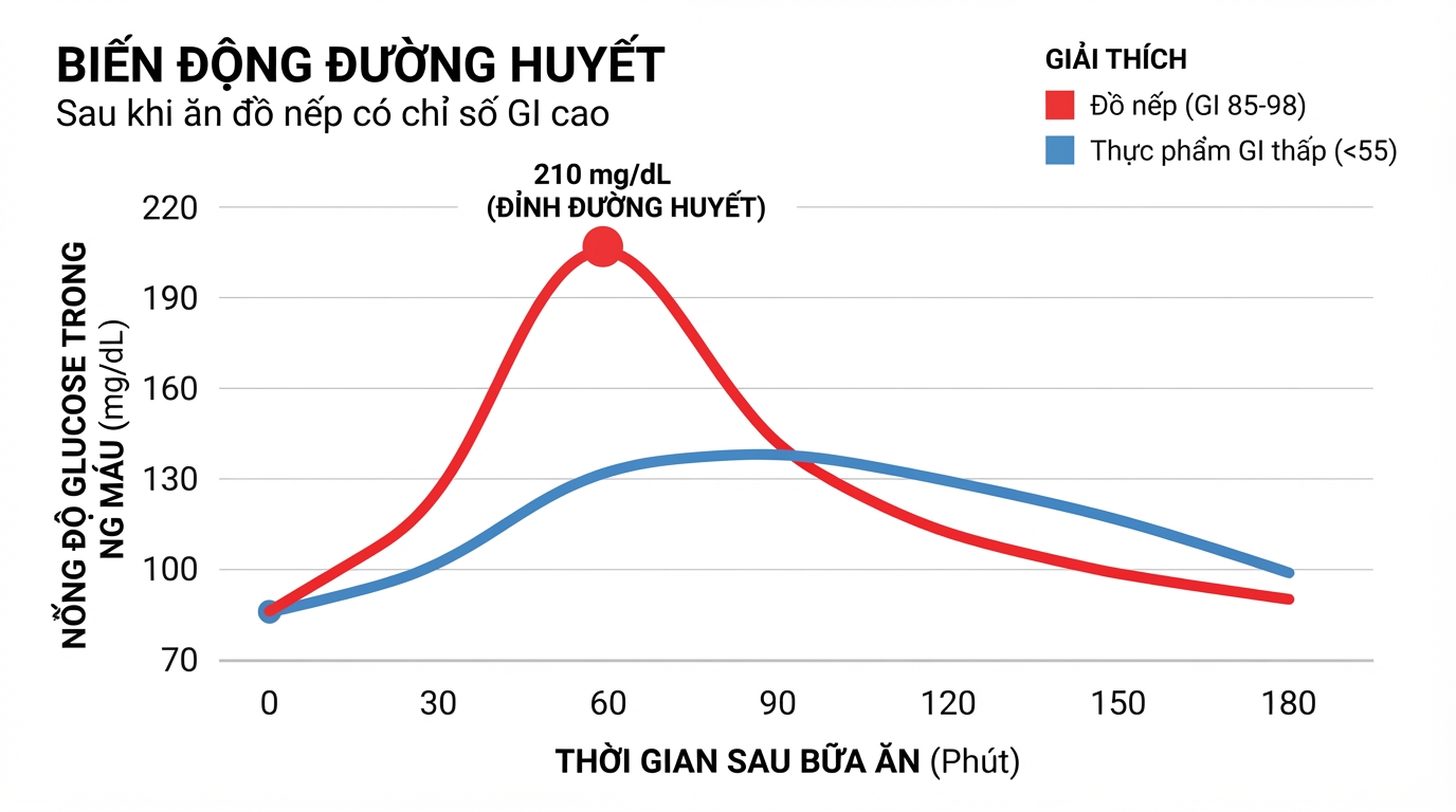 Biến động đường huyết sau khi ăn đồ nếp có chỉ số GI cao từ 85-98.