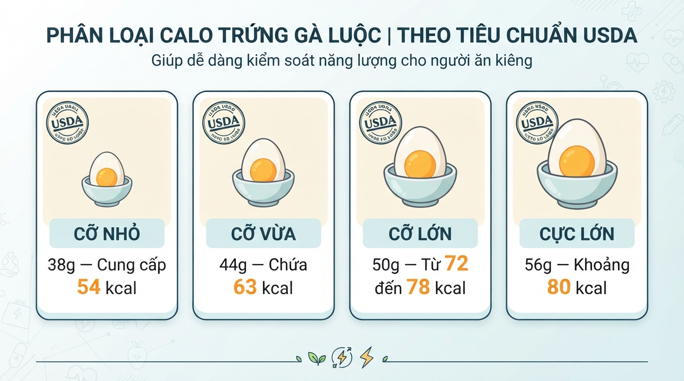 Biết 1 quả trứng gà luộc bao nhiêu calo qua phân loại kích cỡ tiêu chuẩn của USDA.