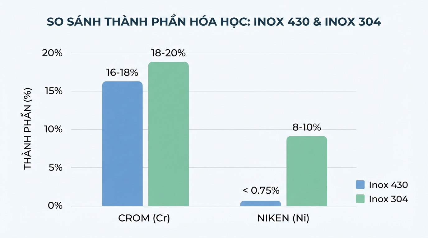Biểu đồ so sánh cấu tạo hóa học giúp hiểu inox 430 là gì.