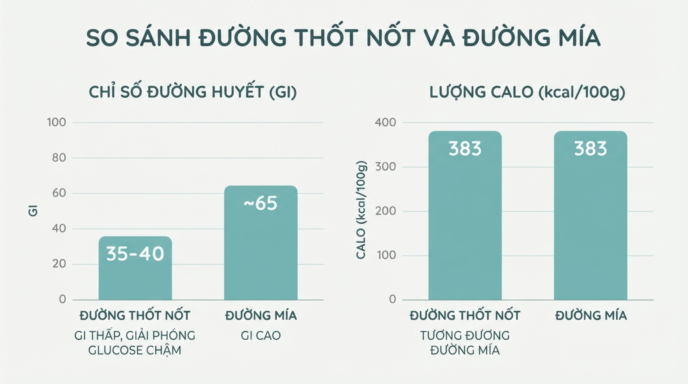Biểu đồ so sánh chỉ số GI và lượng calo giữa thốt nốt với đường mía.