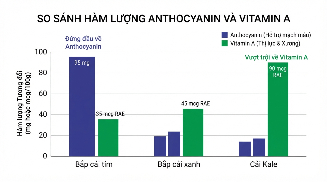 Biểu đồ so sánh hàm lượng Anthocyanin và vitamin giữa bắp cải tím, bắp cải xanh cùng cải kale.