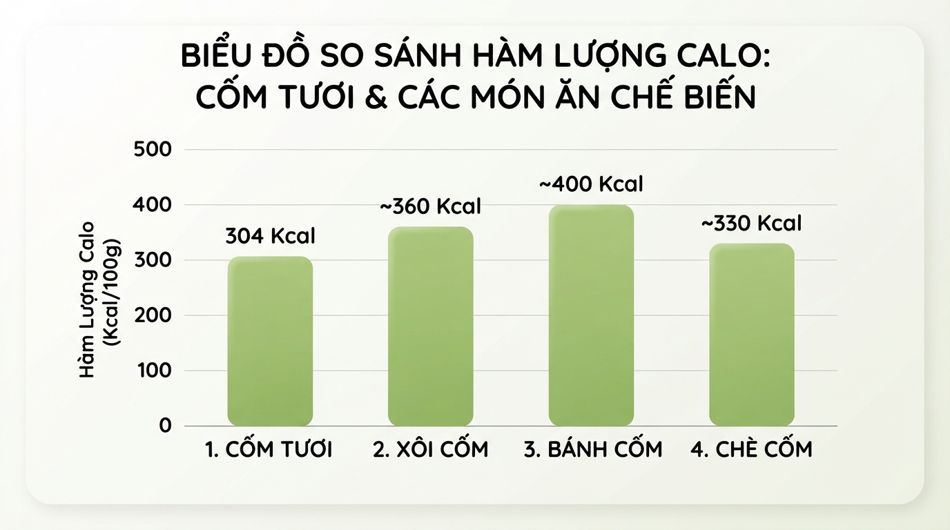 Biểu đồ so sánh hàm lượng calo giữa cốm tươi và các món ăn chế biến từ cốm.