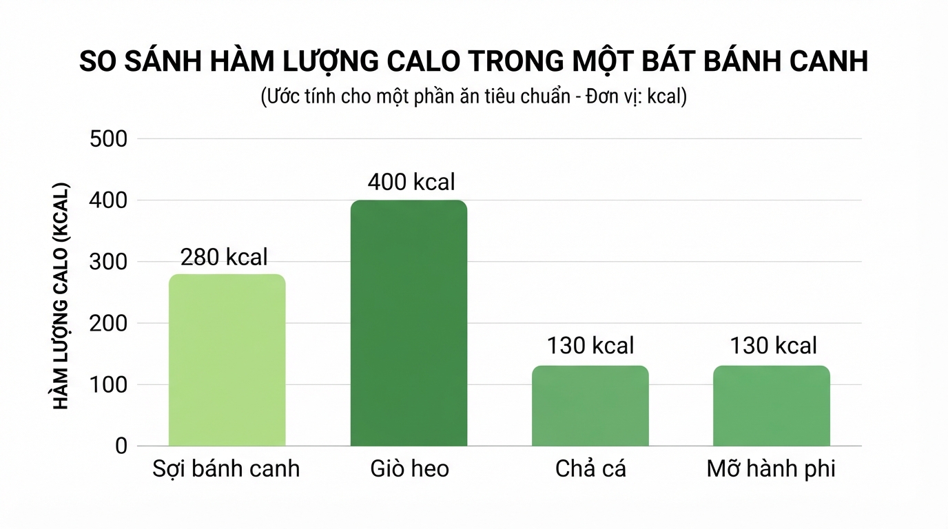 Biểu đồ so sánh hàm lượng calo giữa sợi bánh canh và các loại thực phẩm kèm theo. Biểu đồ so sánh hàm lượng calo giữa sợi bánh canh và các loại thực phẩm kèm theo.