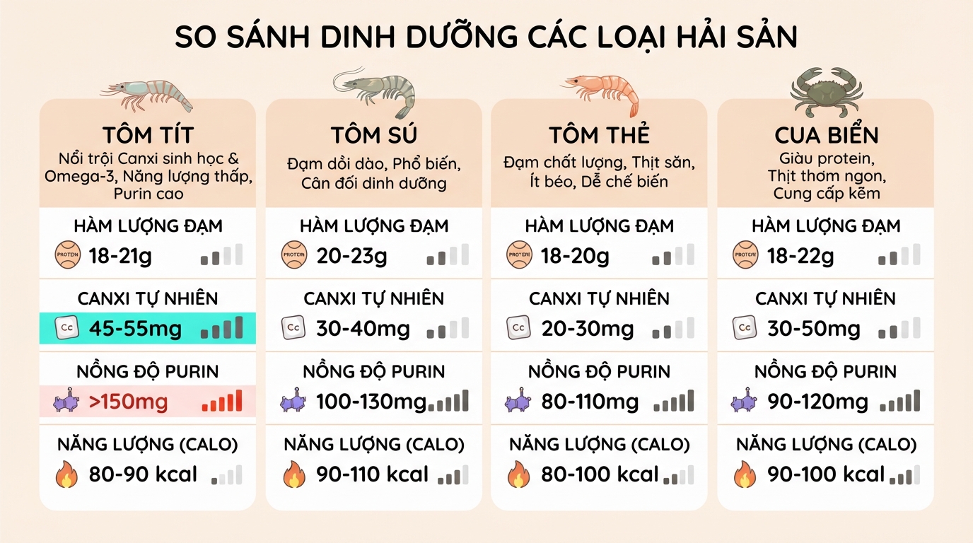 Biểu đồ so sánh hàm lượng đạm và canxi giữa các hải sản.