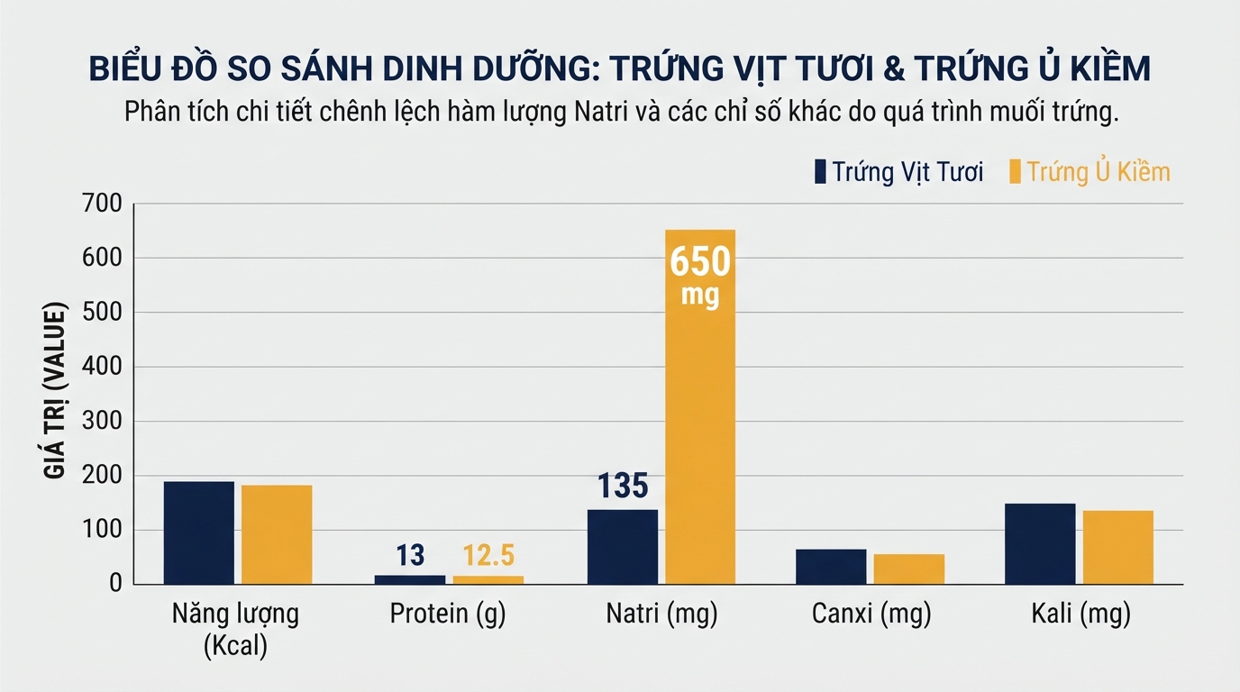 Biểu đồ so sánh hàm lượng Natri chênh lệch giữa trứng ủ kiềm và trứng vịt tươi nguyên bản.