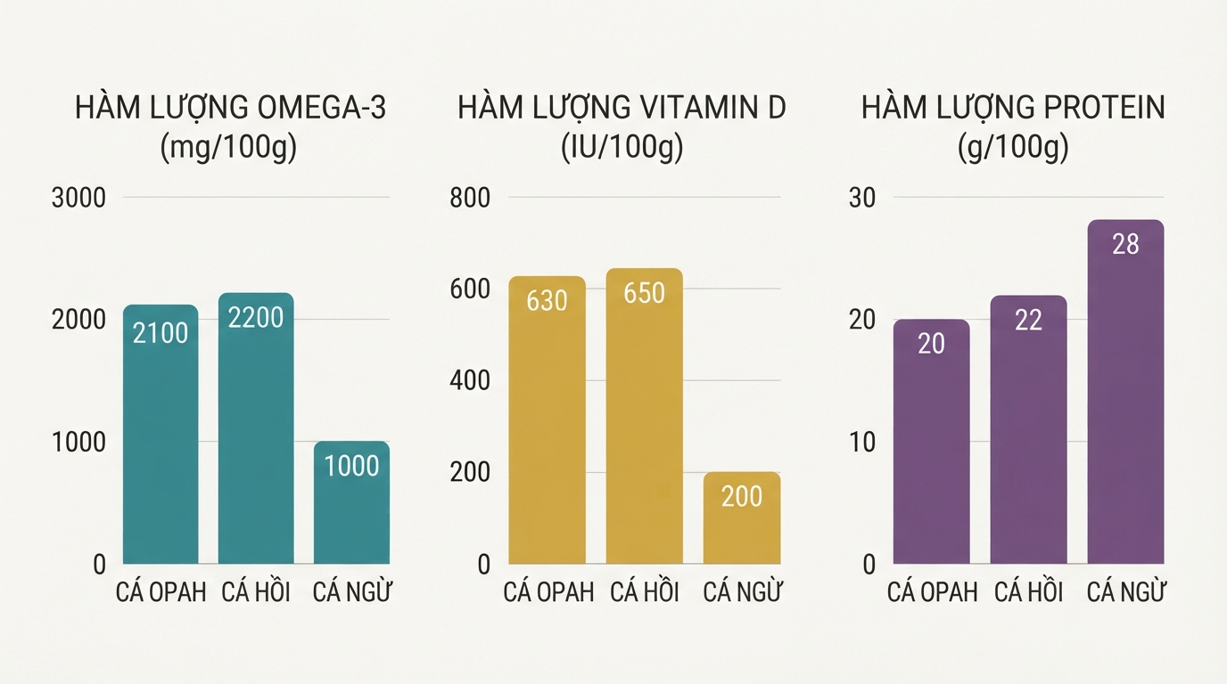 Biểu đồ so sánh hàm lượng Omega-3 và vi chất giữa ba loại cá biển phổ biến.