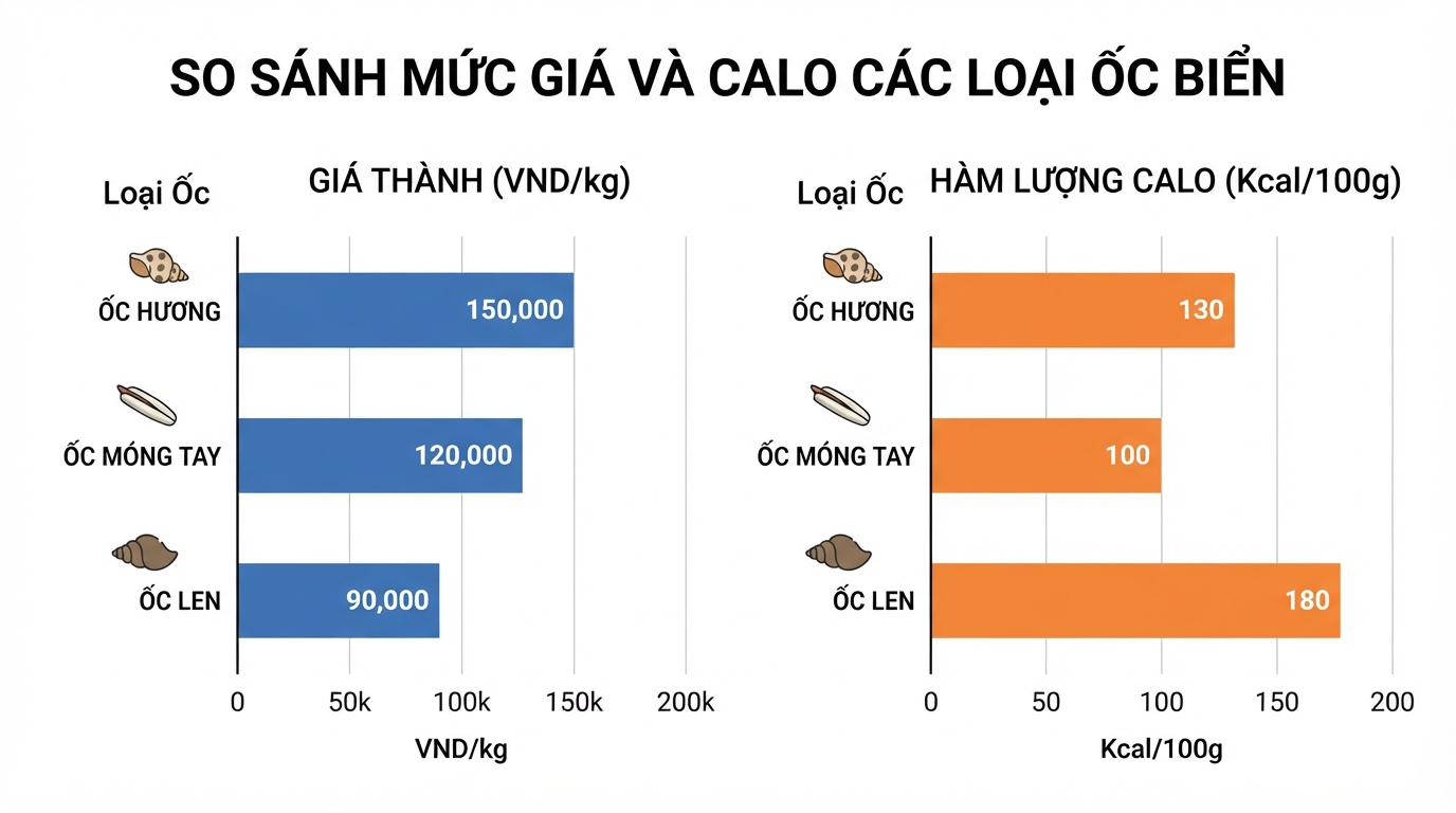 Biểu đồ so sánh mức giá và hàm lượng calo giữa các loài ốc biển phổ biến.