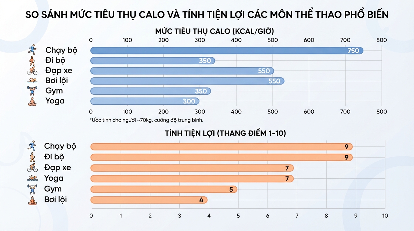 Biểu đồ so sánh mức tiêu thụ calo và tính tiện lợi giữa các bộ môn thể thao phổ biến.