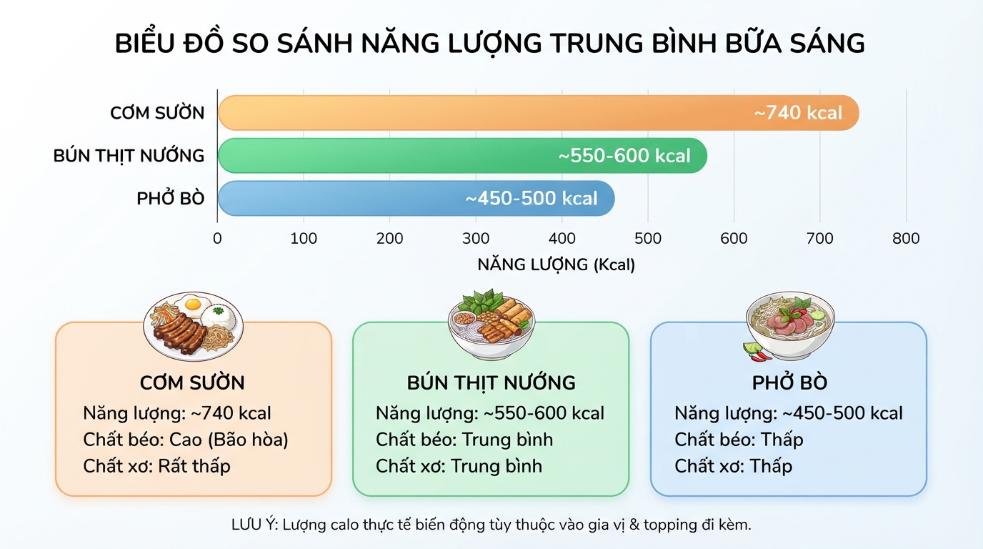 Biểu đồ so sánh năng lượng trung bình giữa các món ăn sáng phổ biến.