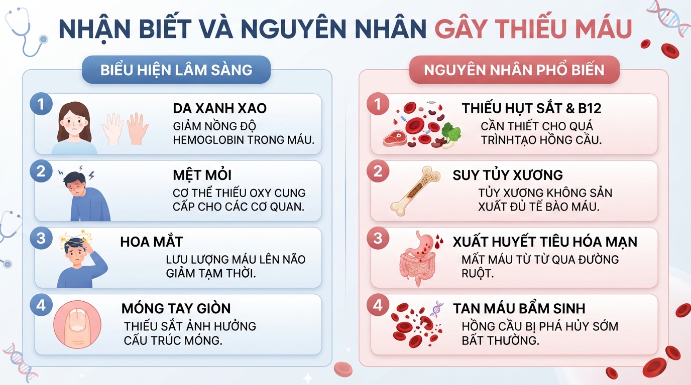 Biểu hiện lâm sàng và nhóm nguyên nhân phổ biến gây ra tình trạng thiếu máu.