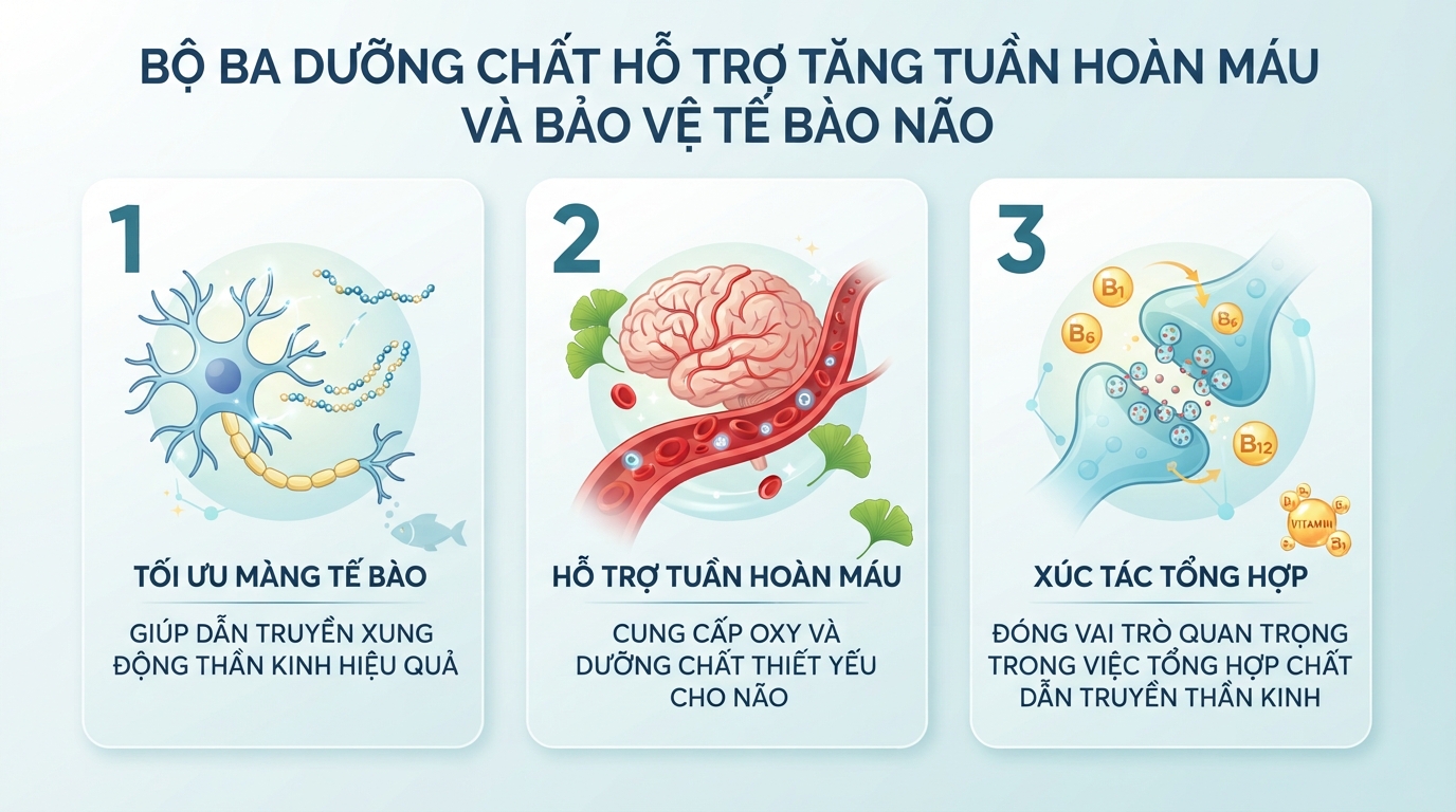 Bộ ba dưỡng chất hỗ trợ tăng tuần hoàn máu và bảo vệ tế bào não. Bộ ba dưỡng chất hỗ trợ tăng tuần hoàn máu và bảo vệ tế bào não.