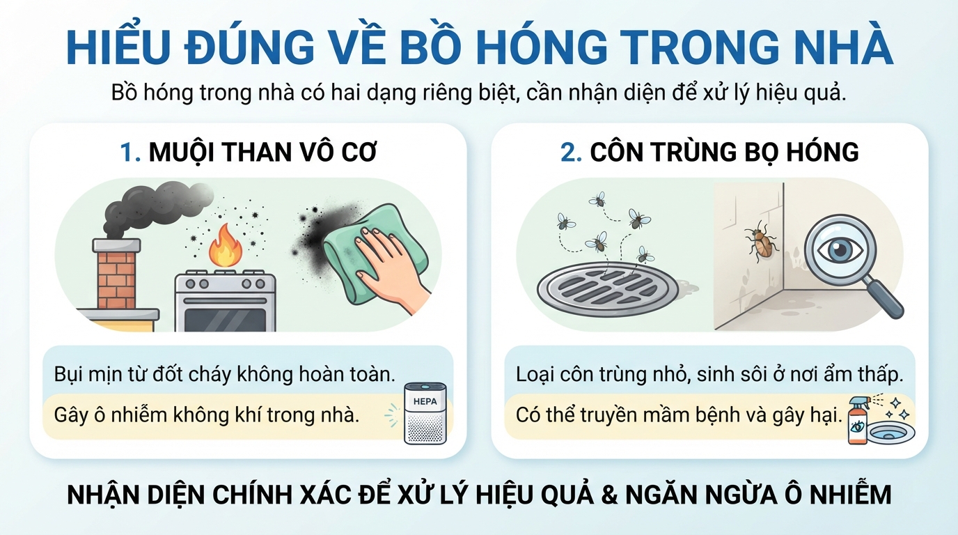 Bồ hóng gồm hai dạng riêng biệt là muội carbon vô cơ và côn trùng hữu cơ.
