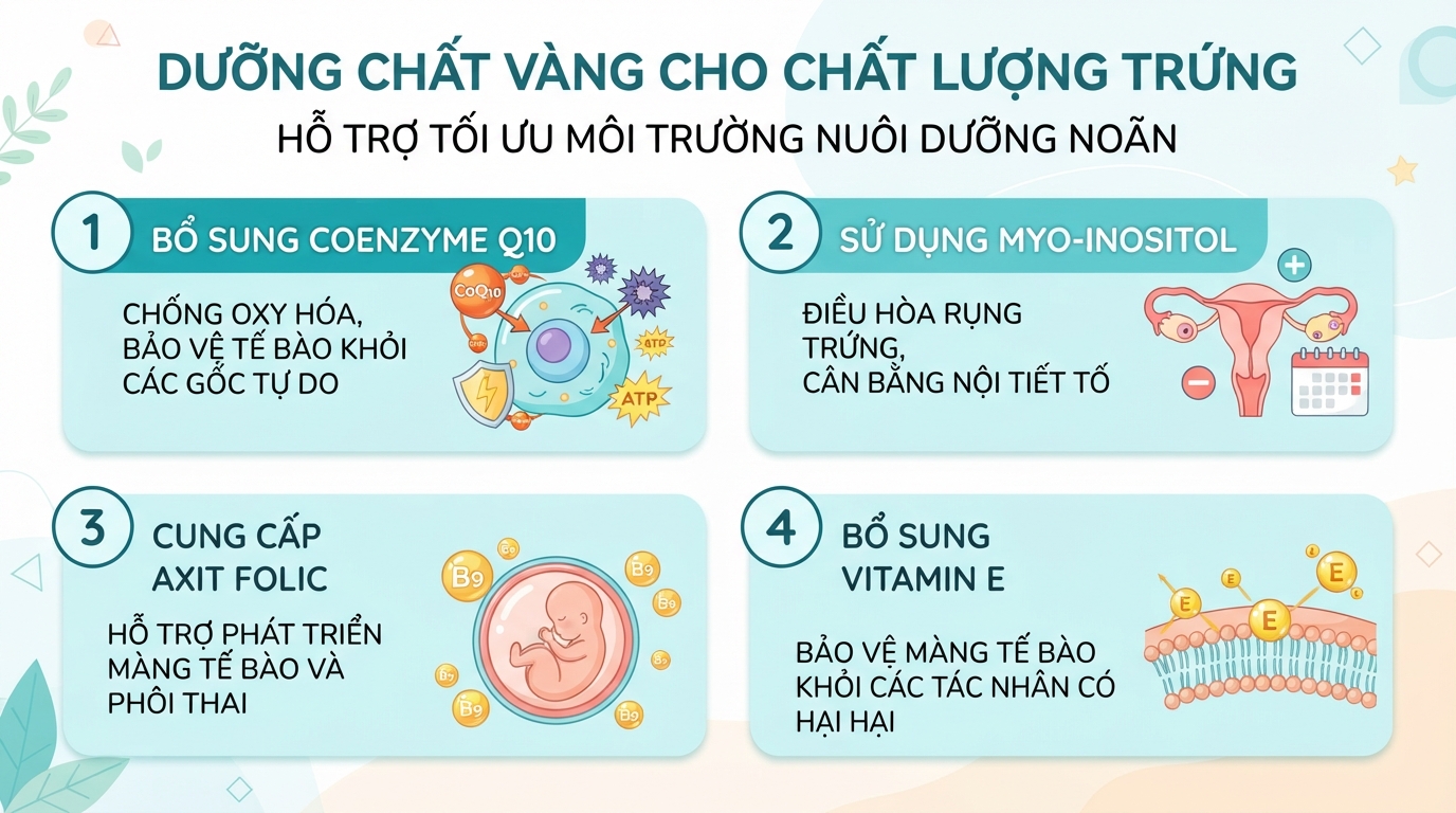 Bổ sung Coenzyme Q10 và Myo-Inositol giúp cải thiện môi trường nuôi dưỡng và bảo vệ chất lượng tế bào noãn.