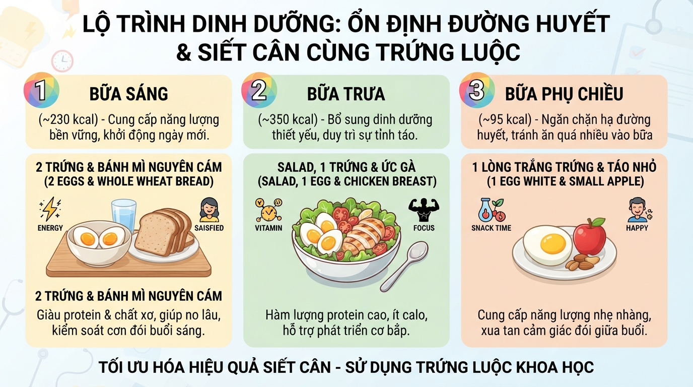 Bố trí trứng luộc hợp lý giúp duy trì đường huyết ổn định và kiểm soát đói.