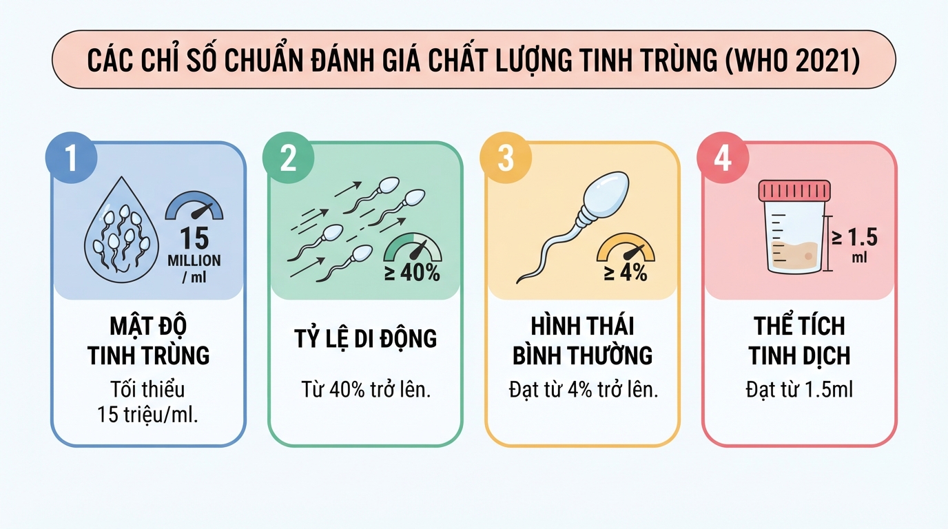 Bốn chỉ số tiêu chuẩn đánh giá chất lượng tinh binh khỏe mạnh theo WHO 2021.