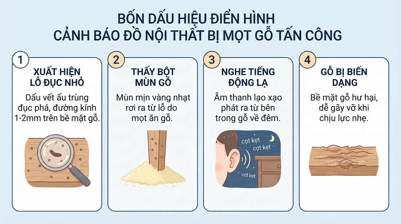 Bốn dấu hiệu điển hình cảnh báo đồ nội thất trong nhà đang bị mọt tấn công.