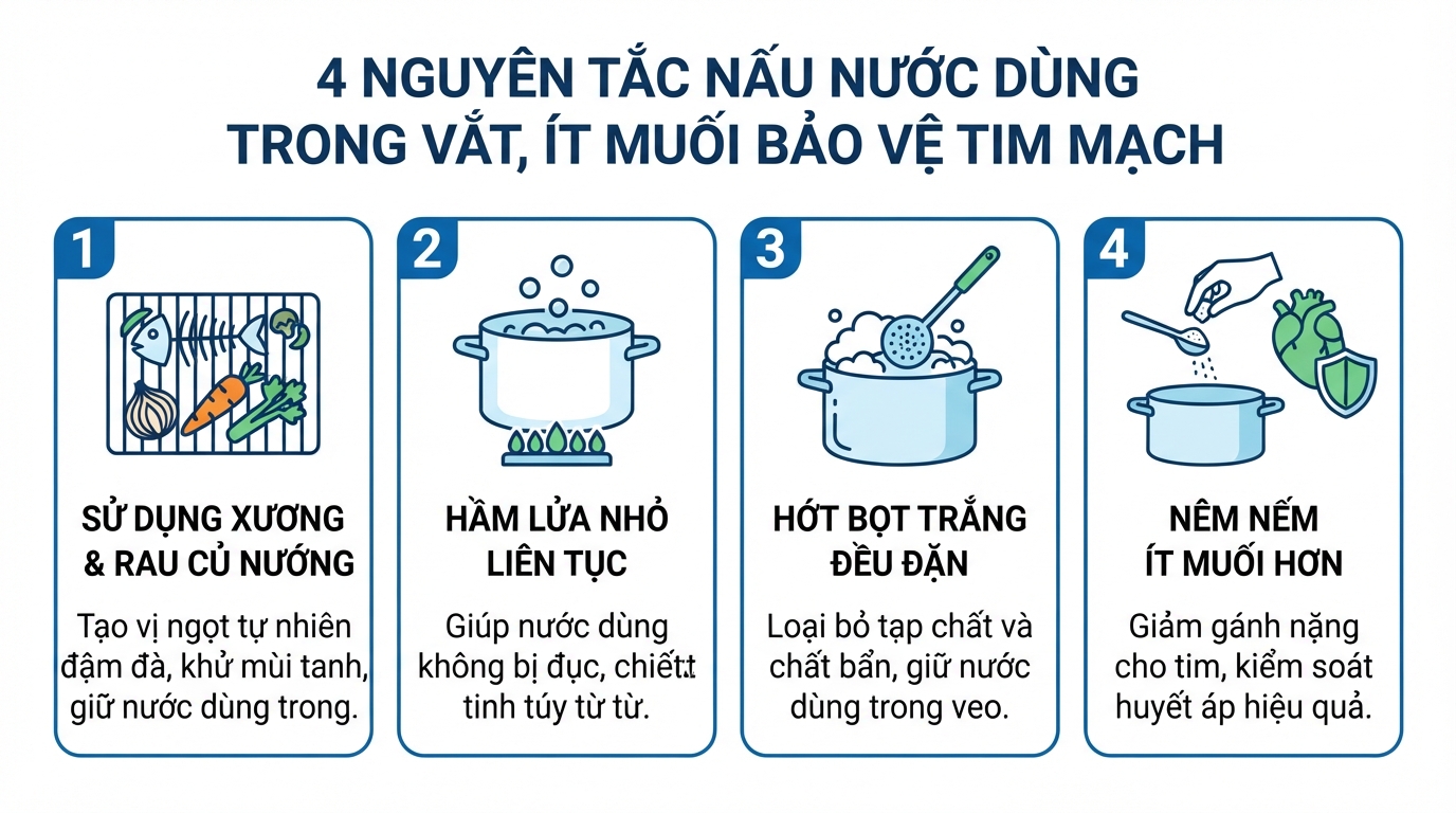Bốn nguyên tắc nấu nước dùng trong vắt, ít muối giúp bảo vệ sức khỏe tim mạch khi ăn bánh canh.