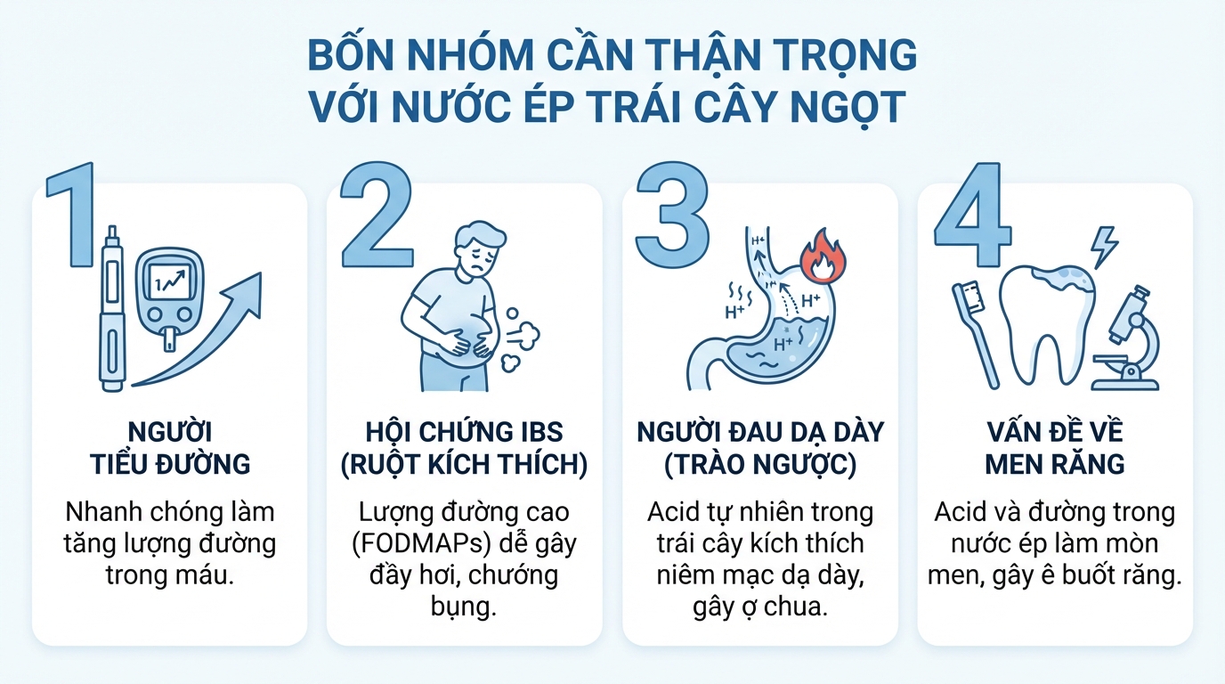 Bốn nhóm đối tượng sức khỏe cần thận trọng khi uống nước ép trái cây ngọt.