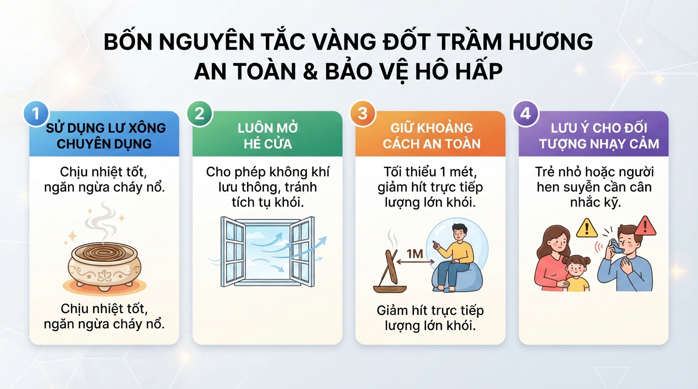 Bốn quy tắc quan trọng giúp đốt trầm hương an toàn và bảo vệ niêm mạc đường hô hấp.