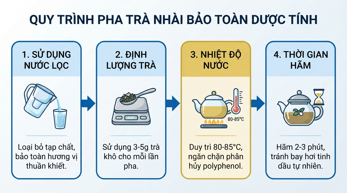 Bốn yếu tố kỹ thuật quan trọng để pha trà nhài giúp bảo toàn tối đa dược tính.