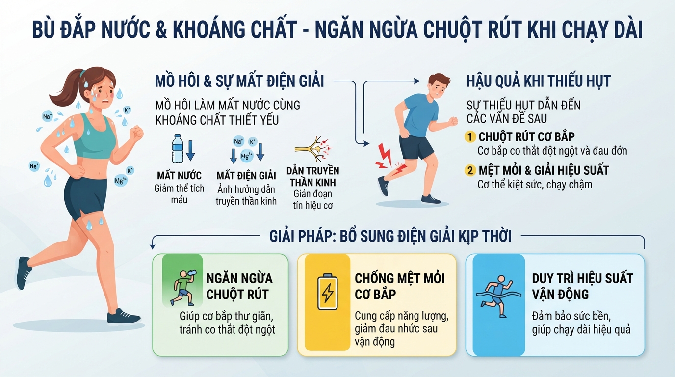 Bù đắp nước và các khoáng chất thiết yếu giúp ngăn ngừa chuột rút khi vận động kéo dài.