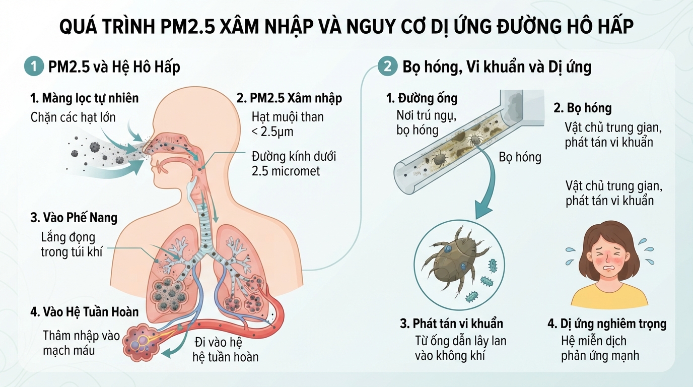Bụi mịn PM2.5 dễ dàng vượt qua màng lọc tự nhiên để tiến sâu vào phế nang. Bụi mịn PM2.5 dễ dàng vượt qua màng lọc tự nhiên để tiến sâu vào phế nang.