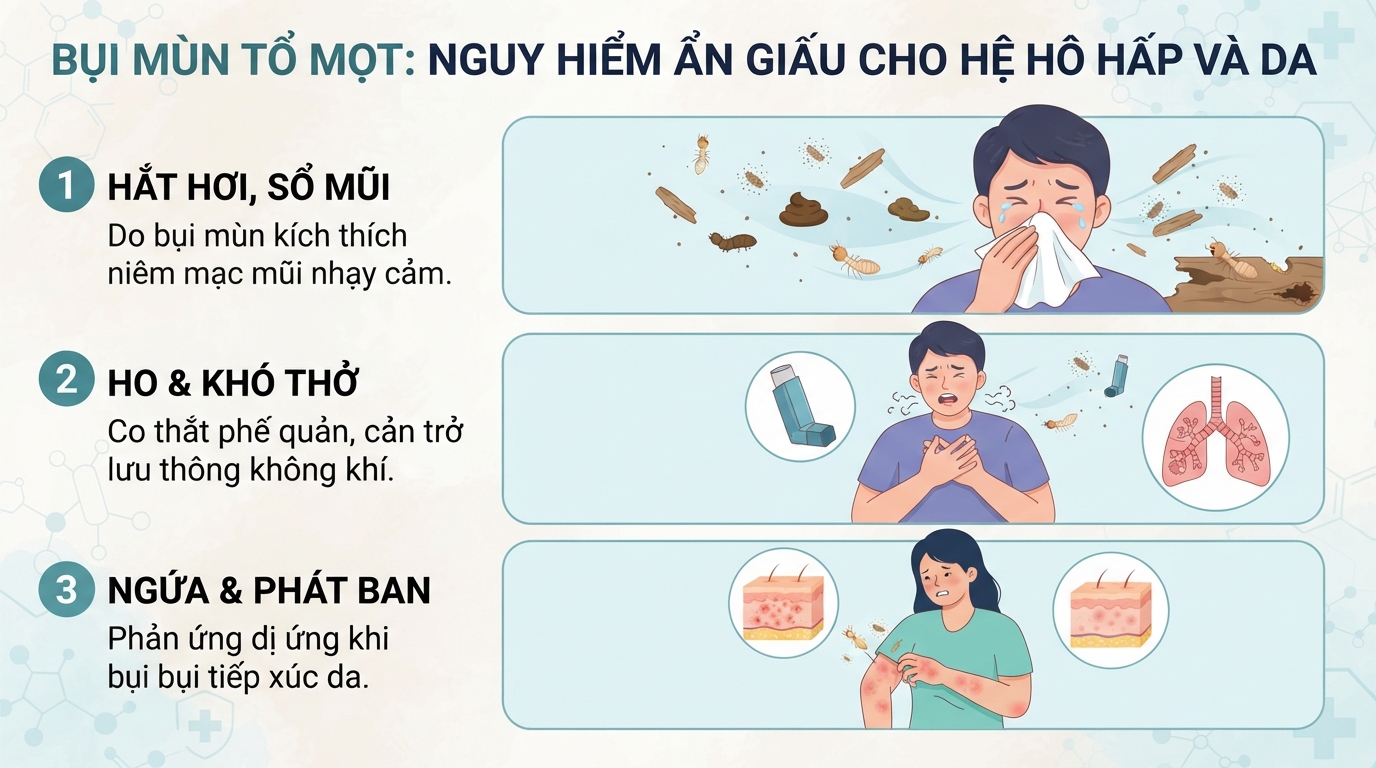 Bụi mùn từ tổ mọt gây kích ứng hệ hô hấp và viêm da dị ứng.
