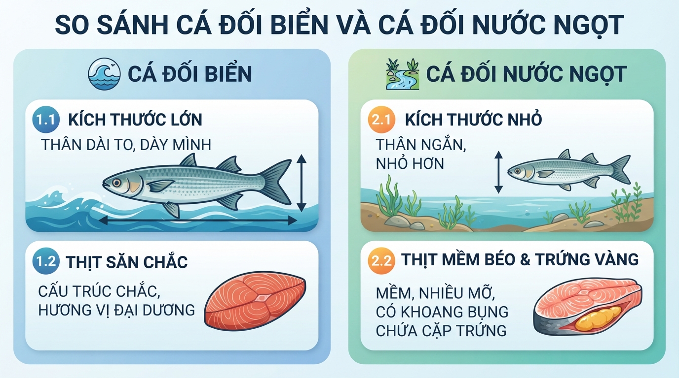 Cá đối biển có kích thước lớn và thịt săn chắc hơn so với loại nước ngọt.