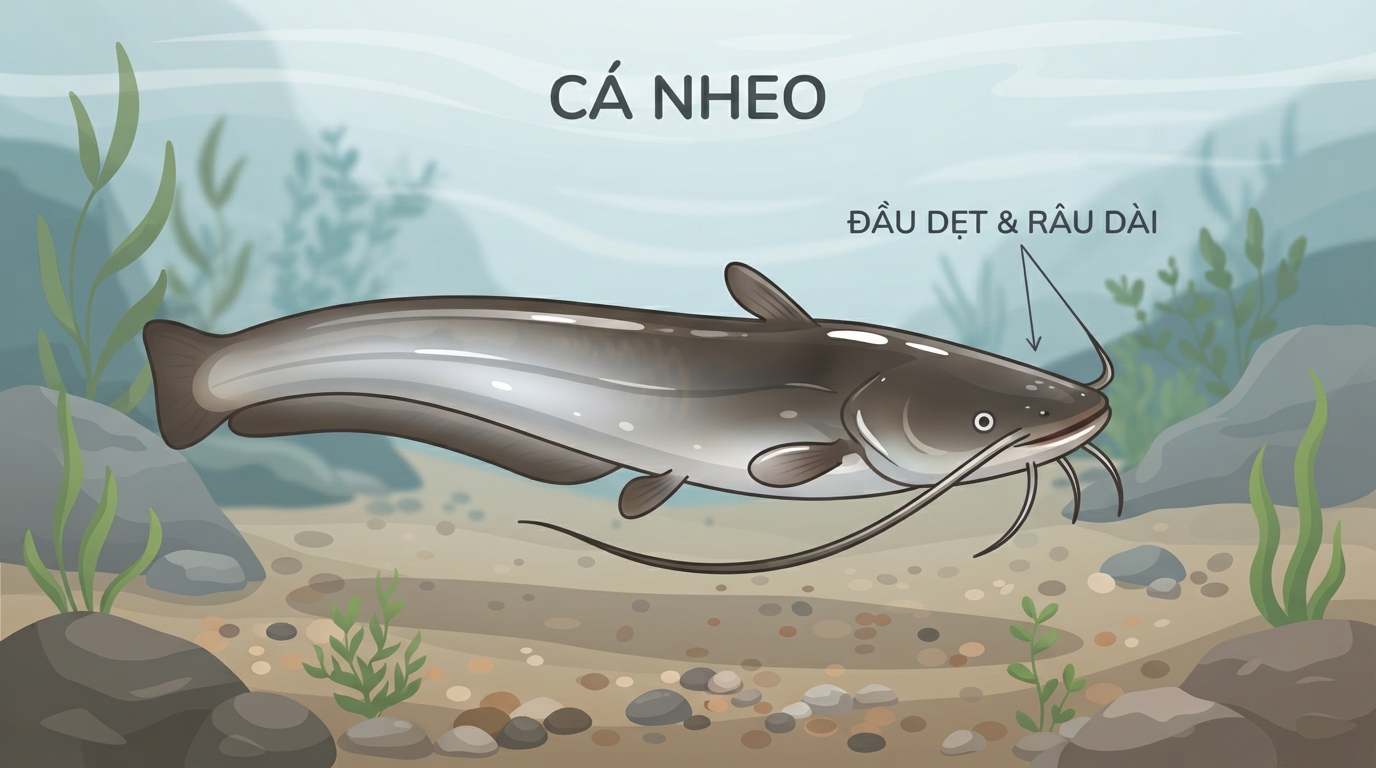 Cá nheo tự nhiên có phần đầu dẹt và hai sợi râu dài nhận diện đáy sông.