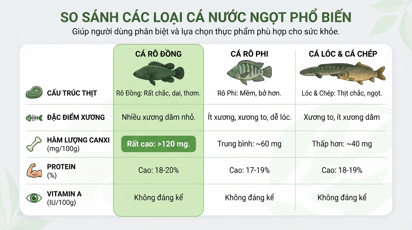 Cá rô đồng sở hữu hàm lượng canxi hữu cơ vượt trội hơn các loại cá nước ngọt khác.