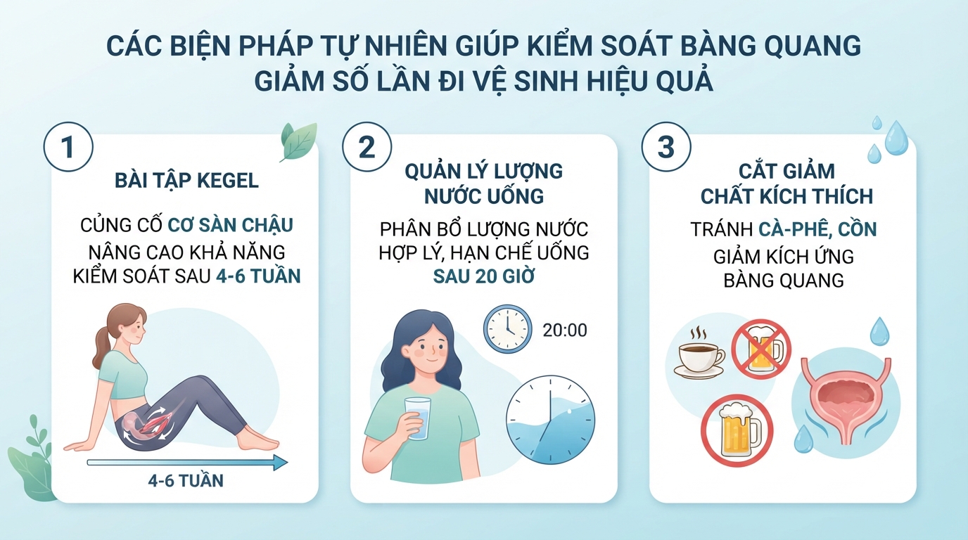 Các biện pháp tự nhiên giúp kiểm soát bàng quang và giảm số lần đi vệ sinh.