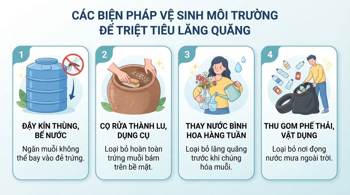 Các biện pháp vệ sinh môi trường sống nhằm triệt tiêu nơi đẻ trứng và phát triển của lăng quăng.