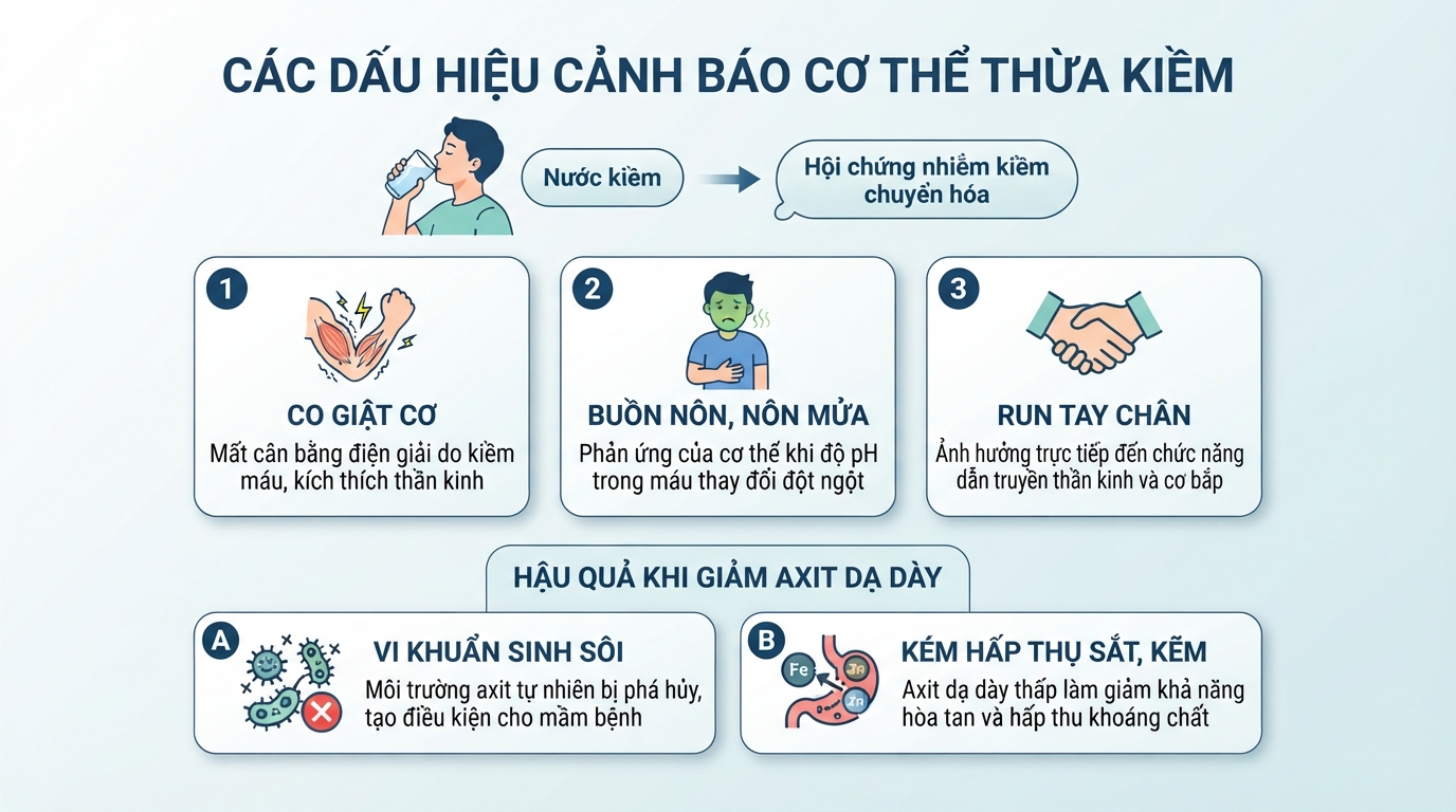 Các biểu hiện cảnh báo cơ thể đang thừa kiềm như buồn nôn và co cơ. Các biểu hiện cảnh báo cơ thể đang thừa kiềm như buồn nôn và co cơ.
