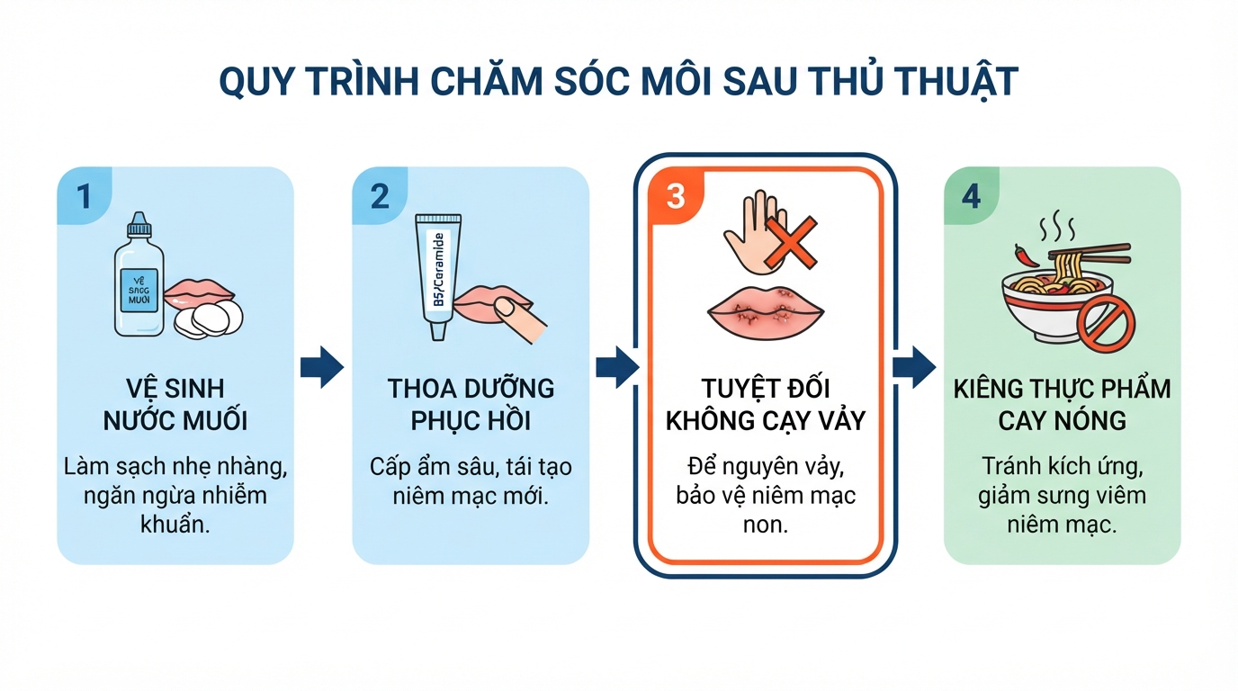 Các bước chăm sóc và vệ sinh chuẩn y khoa hỗ trợ quá trình phục hồi niêm mạc môi nhanh chóng.