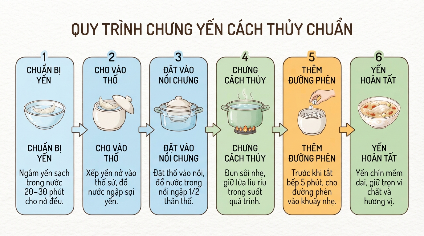Các bước chưng cách thủy giữ trọn vi chất và độ dai ngon của sợi yến.