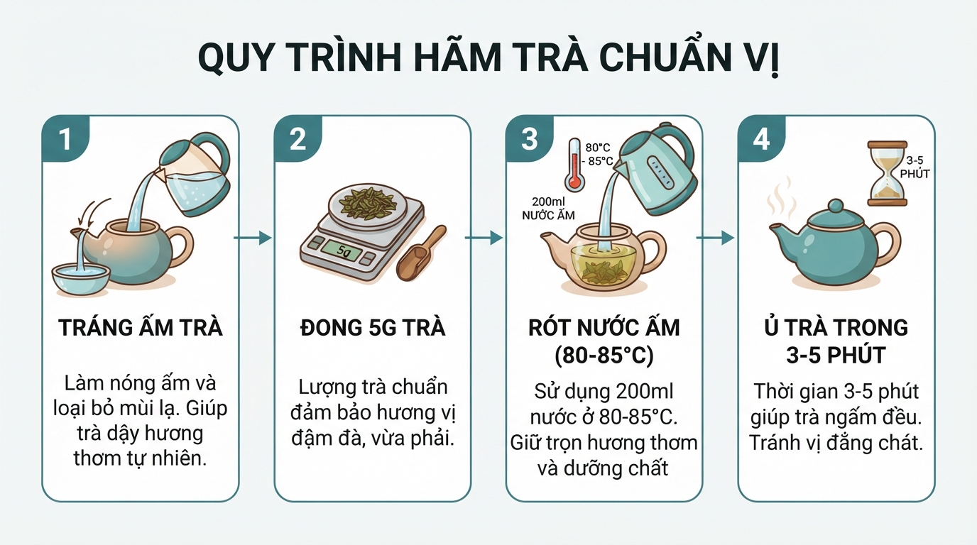 Các bước hãm trà đúng nhiệt độ giúp giữ trọn vẹn hương vị tự nhiên.