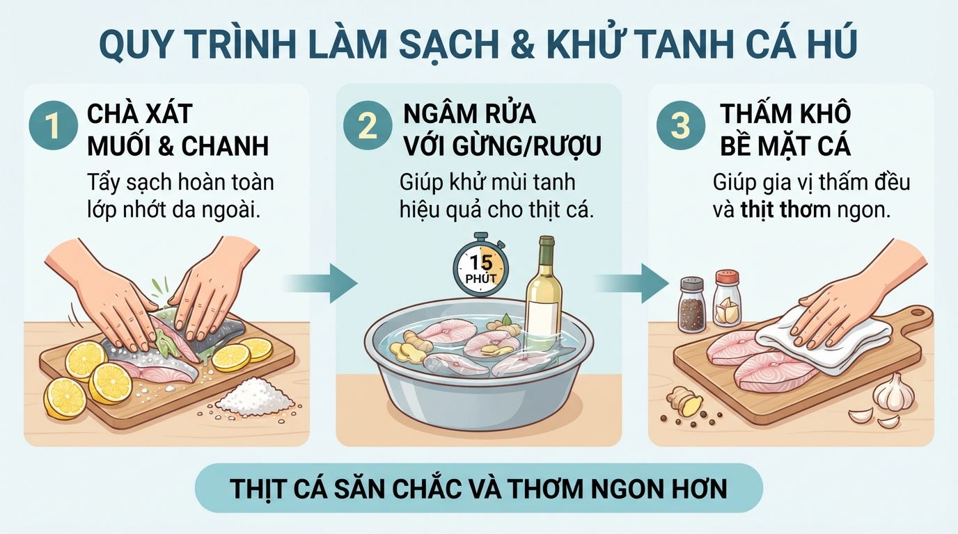 Các bước làm sạch nhớt và khử mùi tanh giúp thịt cá săn ngon.