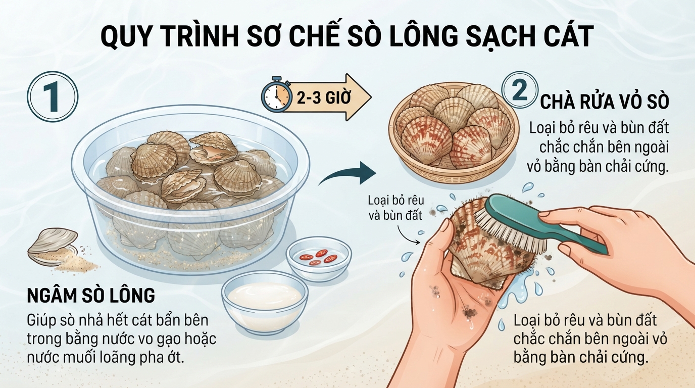 Các bước ngâm rửa giúp loại bỏ hoàn toàn cát bẩn trong vỏ sò.